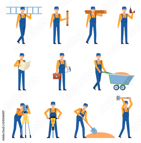 Set of construction workers in blue overalls showing various actions. Cheerful workman holding drill, jackhammer, ladder and other tools. Flat design vector illustration