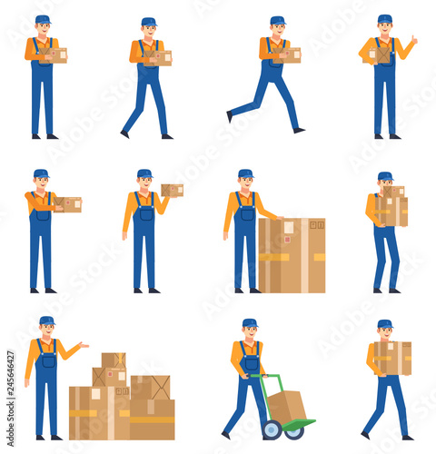 Set of couriers posing with various parcel boxes. Cheerful delivery service workers holding package, running and showing other actions. Flat design vector illustration