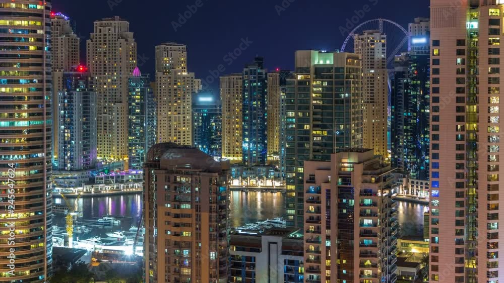 Fantastic rooftop skyline of Dubai marina timelapse. Fantastic rooftop skyline of Dubai marina timelapse.