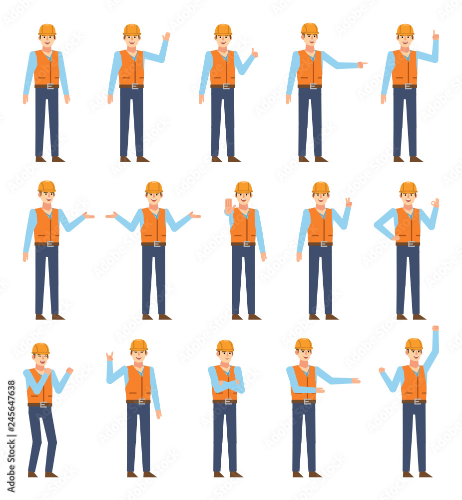 Set of construction workers showing various hand gestures. Cheerful worker with hard hat pointing, greeting, showing thumb up, victory hand and other gestures. Flat design vector illustration Set of construction workers showing various hand gestures. Cheerful worker with hard hat pointing, greeting, showing thumb up, victory hand and other gestures. Flat design vector illustration
