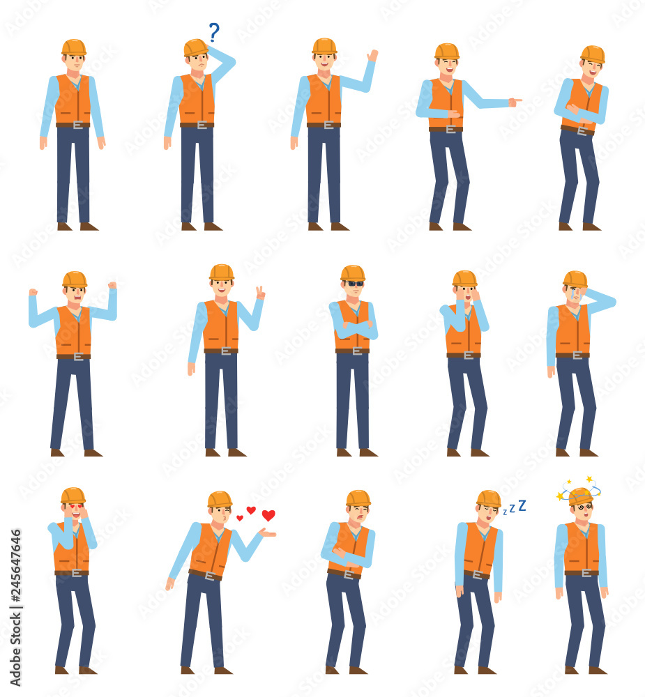Set of construction workers showing various emotions. Worker with hard hat laughing, thinking, angry, dazed and showing other facial expressions. Flat design vector illustration