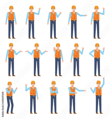 Set of construction workers showing various hand gestures. Cheerful worker with hard hat pointing, greeting, showing thumb up, victory hand and other gestures. Flat design vector illustration