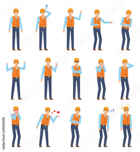 Set of construction workers showing various emotions. Worker with hard hat laughing, thinking, angry, dazed and showing other facial expressions. Flat design vector illustration