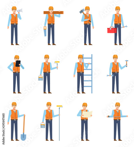 Set of construction workers showing various actions. Cheerful workman holding shovel, wrench, toolbox, ladder and other tools. Flat design vector illustration