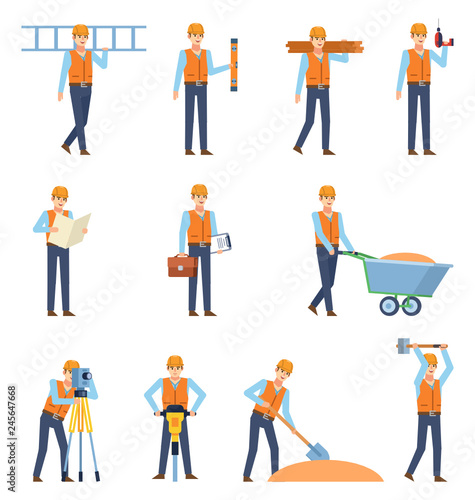 Set of construction workers showing various actions. Cheerful workman holding drill, jackhammer, ladder and other tools. Flat design vector illustration