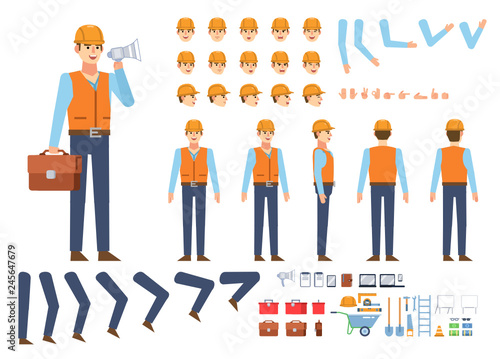 Worker, builder with hard hat creation kit. Create your own pose, action, animation. Various emotions, gestures, design elements. Flat design vector illustration