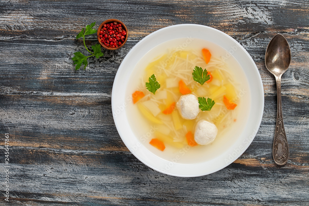 Soup with chicken meatballs, potato and pasta