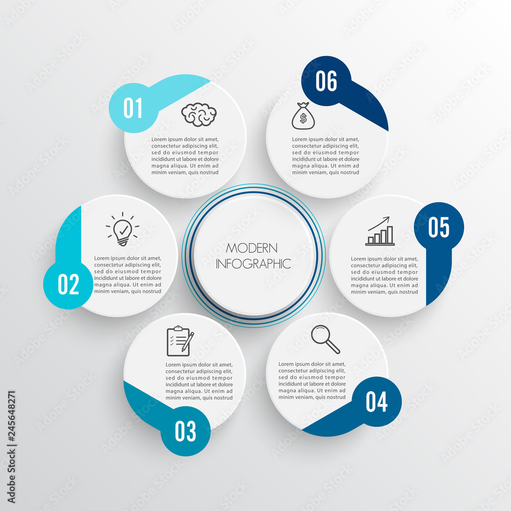 Vector illustration infographics 6 options. Template for brochure, business, web design Vector illustration infographics 6 options. Template for brochure, business, web design