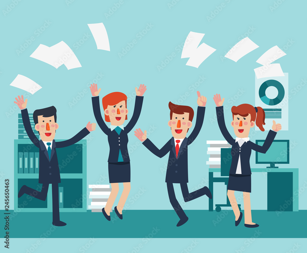 Young and happy business people jumping in office. Successful, smiling men and women celebrating victory Young and happy business people jumping in office. Successful, smiling men and women celebrating victory