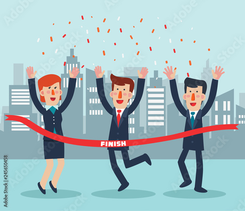 Young, successful business woman and businessmen celebrating victory. Happy, jumping people crossing the finishing line 