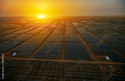 Outdoor solar photovoltaic panel in the sunset
