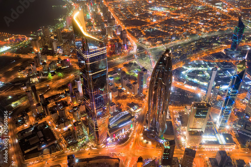 Kuwait Tower City Skyline glowing at night, taken in Kuwait in December 2018 taken in hdr