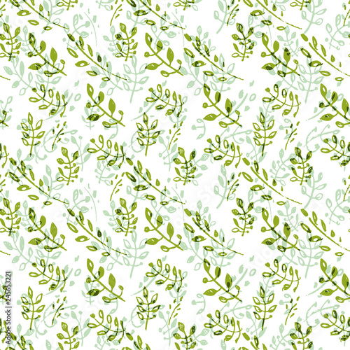 Beautiful background of spring nature. Vector hand drawn doodle green sprigs leaves seamless pattern. Trendy design concept for fashion textile print. 