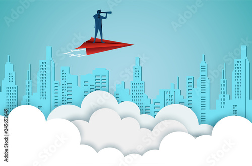 Businessmen standing holding binoculars on a red paper plane while flying above a city and cloud. go to target business success. startup. leadership. illustration cartoon vector