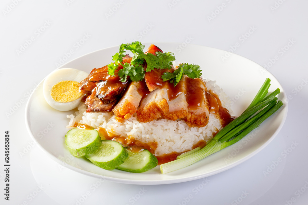 Red pork rice on a white background