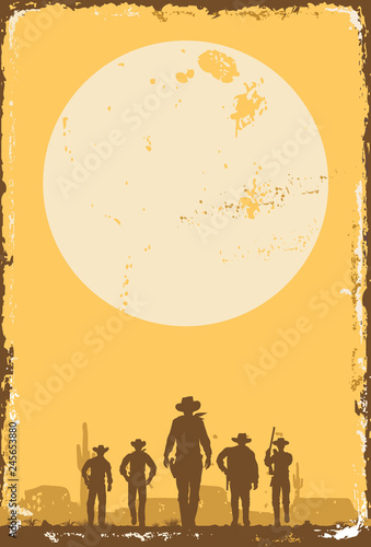 Silhouette of five cowboys walking forward at sunset on a tin sign, vector