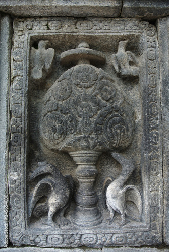 Religious Place Wall lintel decorative Asia Cultural Heritage Stone bas-relief on the wall of Borobudur, Java, Indonesia