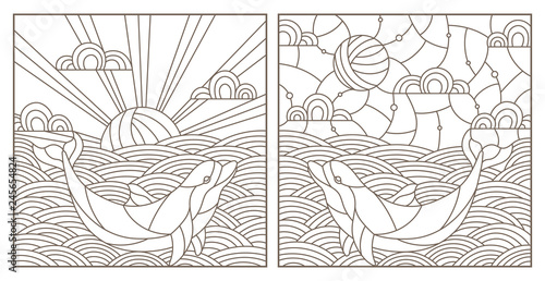 Set contour illustrations with dolphins on the waves and the sky , the dark outline on a white background