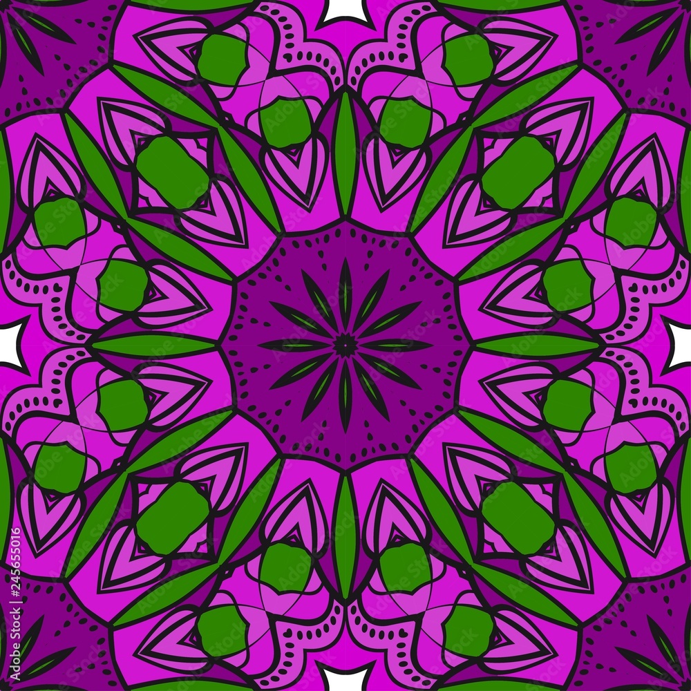 Purple,, green color Floral Geometric Pattern With Hand-Drawing Mandala. Seamless vector Illustration. For Fabric, Textile
