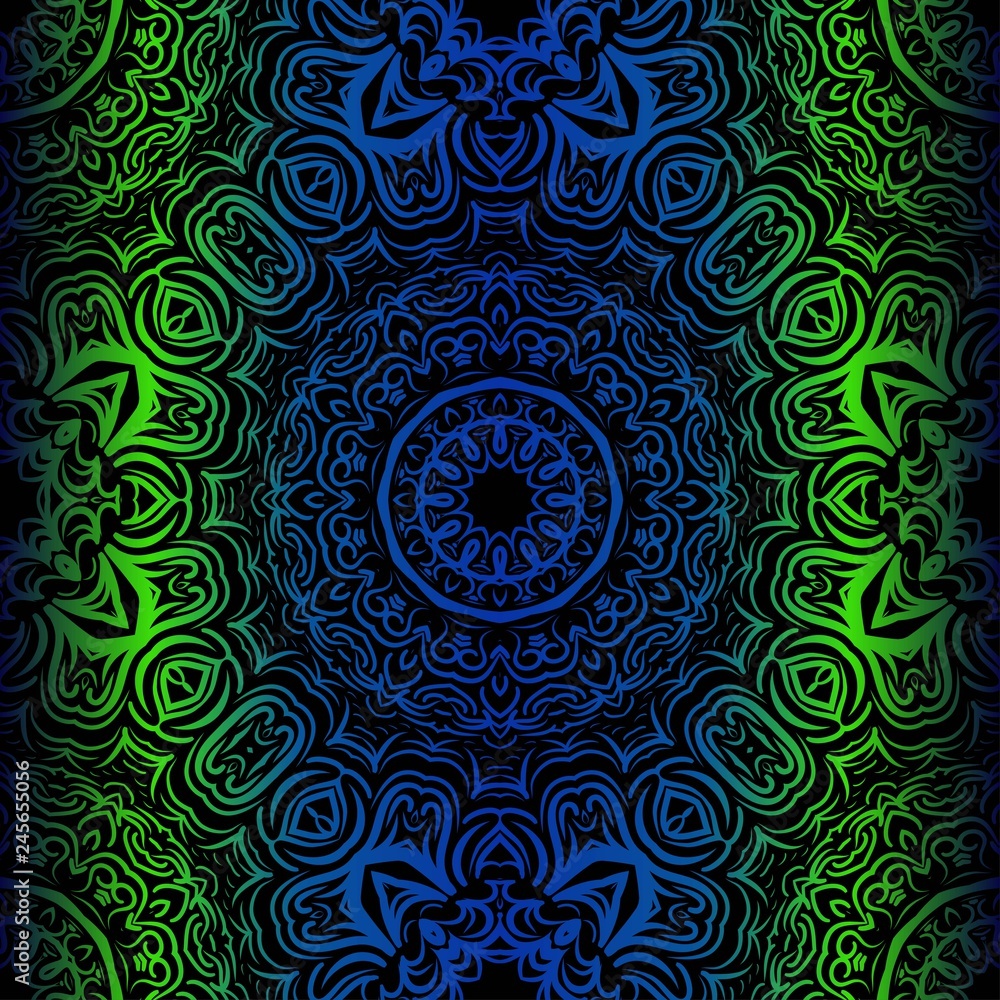 Mandala Seamless Floral Pattern. Design For Square Fashion Print. Vector Illustration. Blue, green color