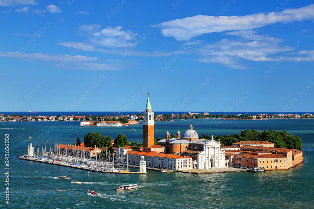 Aerial view of San Giorgio Maggiore Island in Venice, Italy