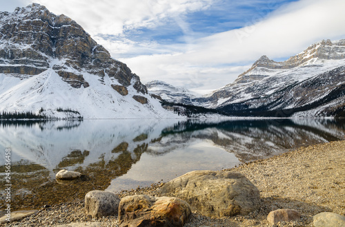 Bow Lake with Rocky mountain reflection in Banff National Park, Alberta, canada