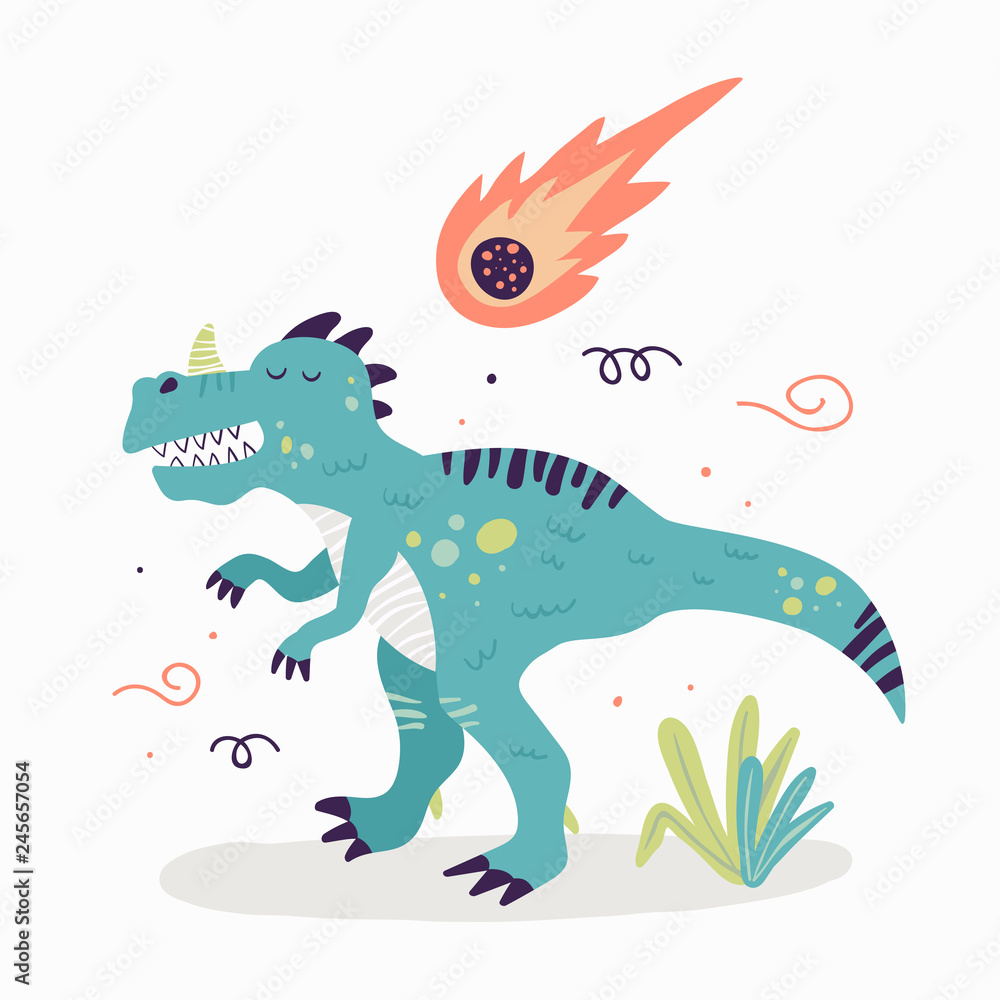 Fototapeta premium The cute dinosaur with the comet. Children's book illustration. Great idea for kids posters and calendars. Vector illustration. 