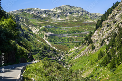 The road to Grimsel Pass  2.164 m  viewed from Upper Valais near Gletsch  Switzerland