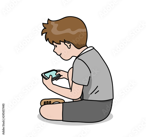 A hand drawn vector cartoon illustration of a teenager playing video game on his smartphone
