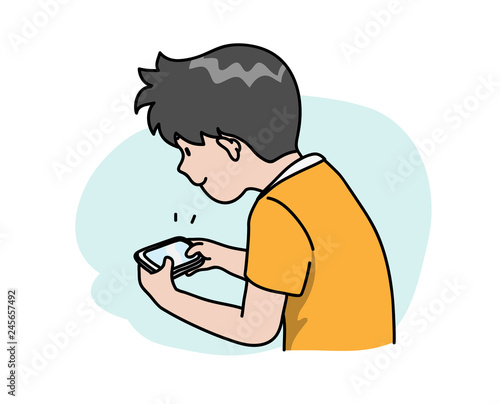 Addicted to smartphone, a vector cartoon illustration of a young teenager playing game on his smartphone, isolated on a simple background.