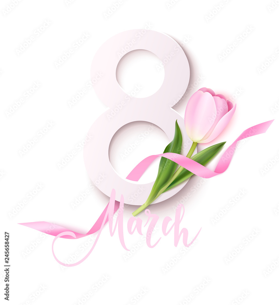 Happy Womens Day. 8March design template. Decorative number with pink ribbon and tulip flowers isolated on white background. Vector illustration
