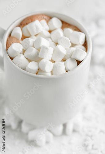 cocoa with marshmallows on a winter snowy background