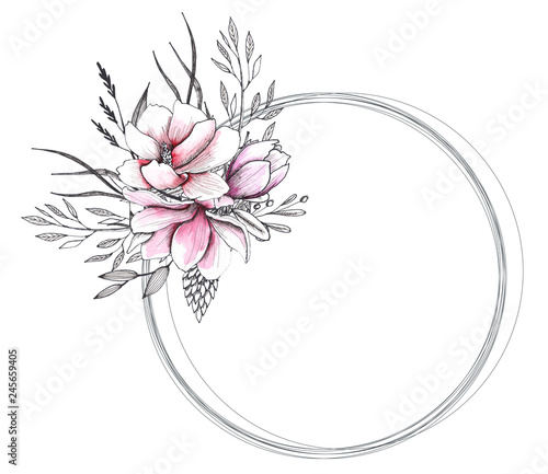 Floral watercolor and sketching wedding handpainted frames with delicate pink and monochrome flowers