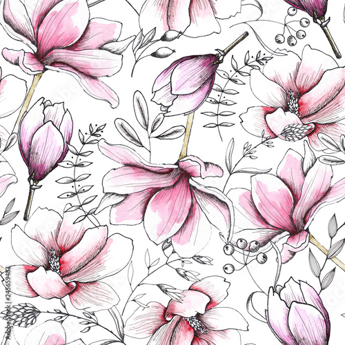 Floral watercolor and sketching wedding handpainted seamless patterns with delicate pink and monochrome flowers