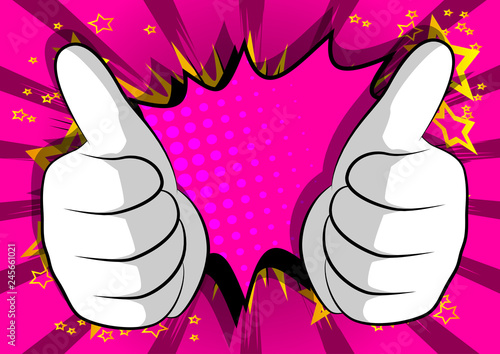Vector cartoon hands making thumbs up sign. Illustrated hand expression, gesture on comic book background.