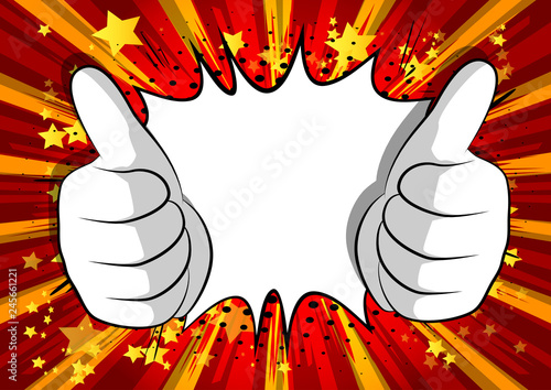 Vector cartoon hands making thumbs up sign. Illustrated hand expression, gesture on comic book background.