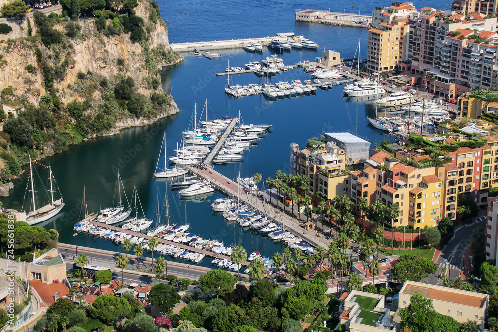 View of boat marina between Monaco City and Fontvieille in Monaco.