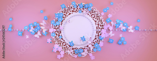 Congratulations on the international women's day on March 8. Panoramic floral background with forget-me-nots and butterflies. 3D illustration