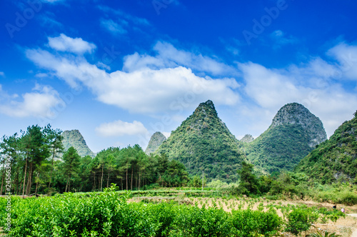 Mountains and rural scenery with blue sky in summer