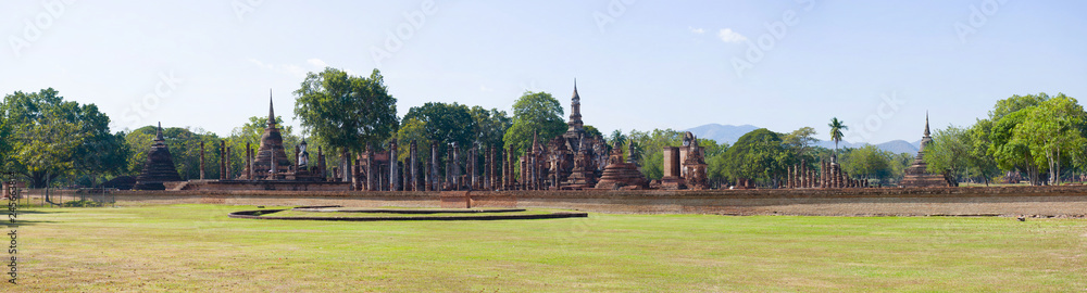 Panorama of the historic park of the city of Sukhothai on a sunny day. Thailand