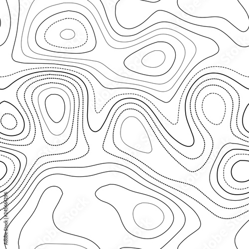 Amazing topography. Admirable topography map. Black and white seamless design, flawless tileable isolines pattern. Vector illustration.