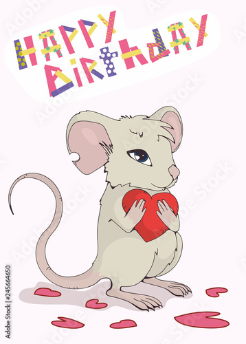 Greeting card "Happy Birthday". Cute mouse giving love and heart.