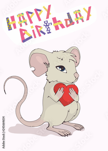 Greeting card "Happy Birthday". Cute mouse giving love and heart.