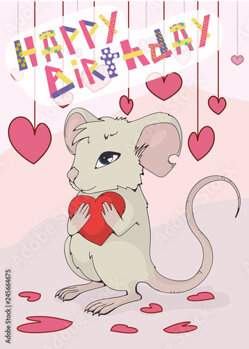 Greeting card "Happy Birthday". Cute mouse giving love and heart.