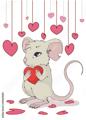 Greeting card . Cute mouse giving love and heart.