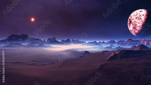 Changeable Dawn on Alien Planet. The bright sun moves in the dark starry sky. Above the horizon, a large planet  rotates slowly. In the gorges dense white fog. Lighting changes from purple to green.
