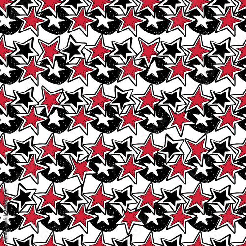 Hand drawn seamless vector pattern. Rock-n-roll and punk symbols and accessories, stars,vinyl records.