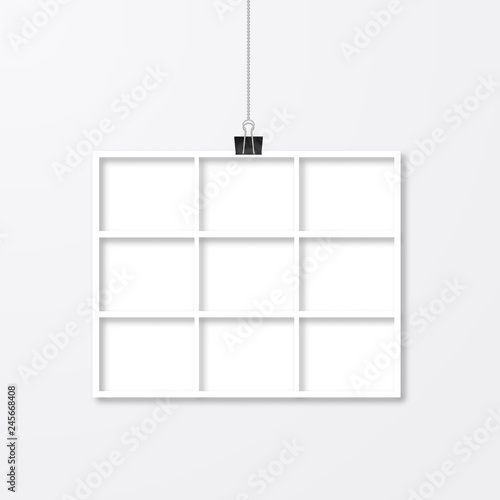 Photo collage vector template. Realistic white paper photo frame hanging with binder clips. Wedding album page layout.