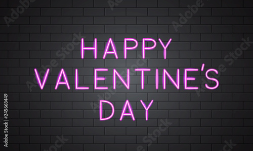 Happy Valentine’s Day 3d neon banner on brick wall. Retro sign with Hot pink glowing text on it. Easy to edit vector template for Valentines day greeting card, party invitation, flyer, poster etc.