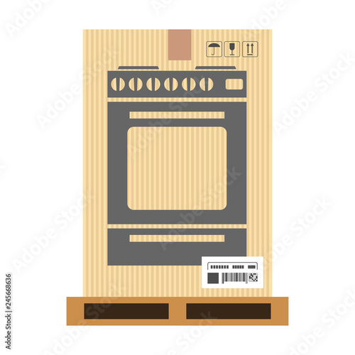 Mock up of gas stove in carton box. Moving and delivery services. Vector illustration